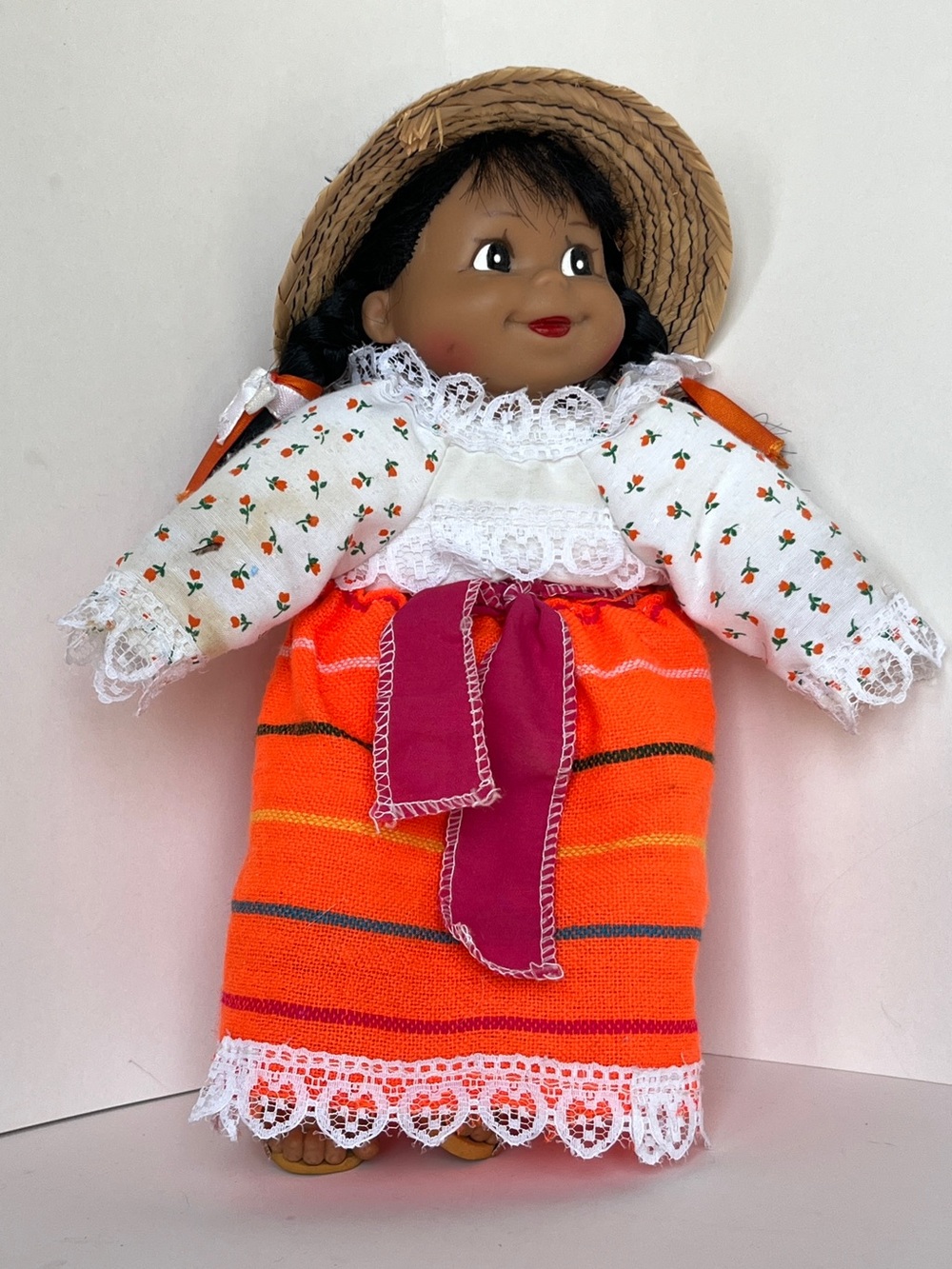 Colorful Peruvian Folk Girls Doll Orange-Striped Outfit with Straw Hat